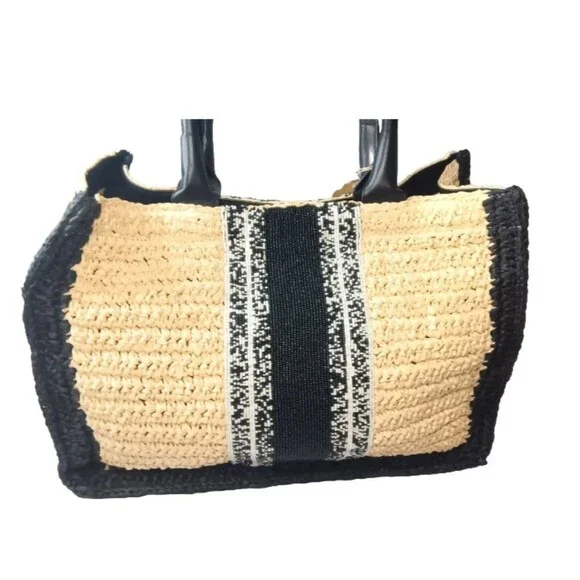 DE SIENA CABO Raffia Tote Bag Natural & Black Beaded Bag Retail $458 - Picture 3 of 10